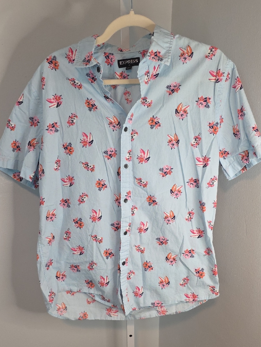 Express Light Blue Short-Sleeve Tropical Button-Up Shirt / Large